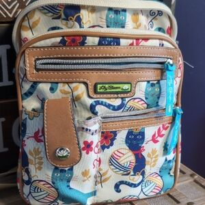 Lily Bloom Teal and Tan Cat Print Crossbody Bag